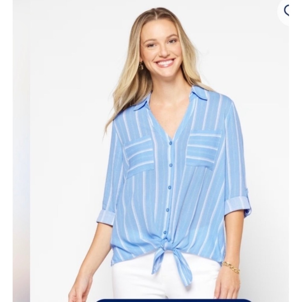 Fortune + Ivy Womens Blue White Striped Roll Tab Sleeve Front Tie Shirt Size M